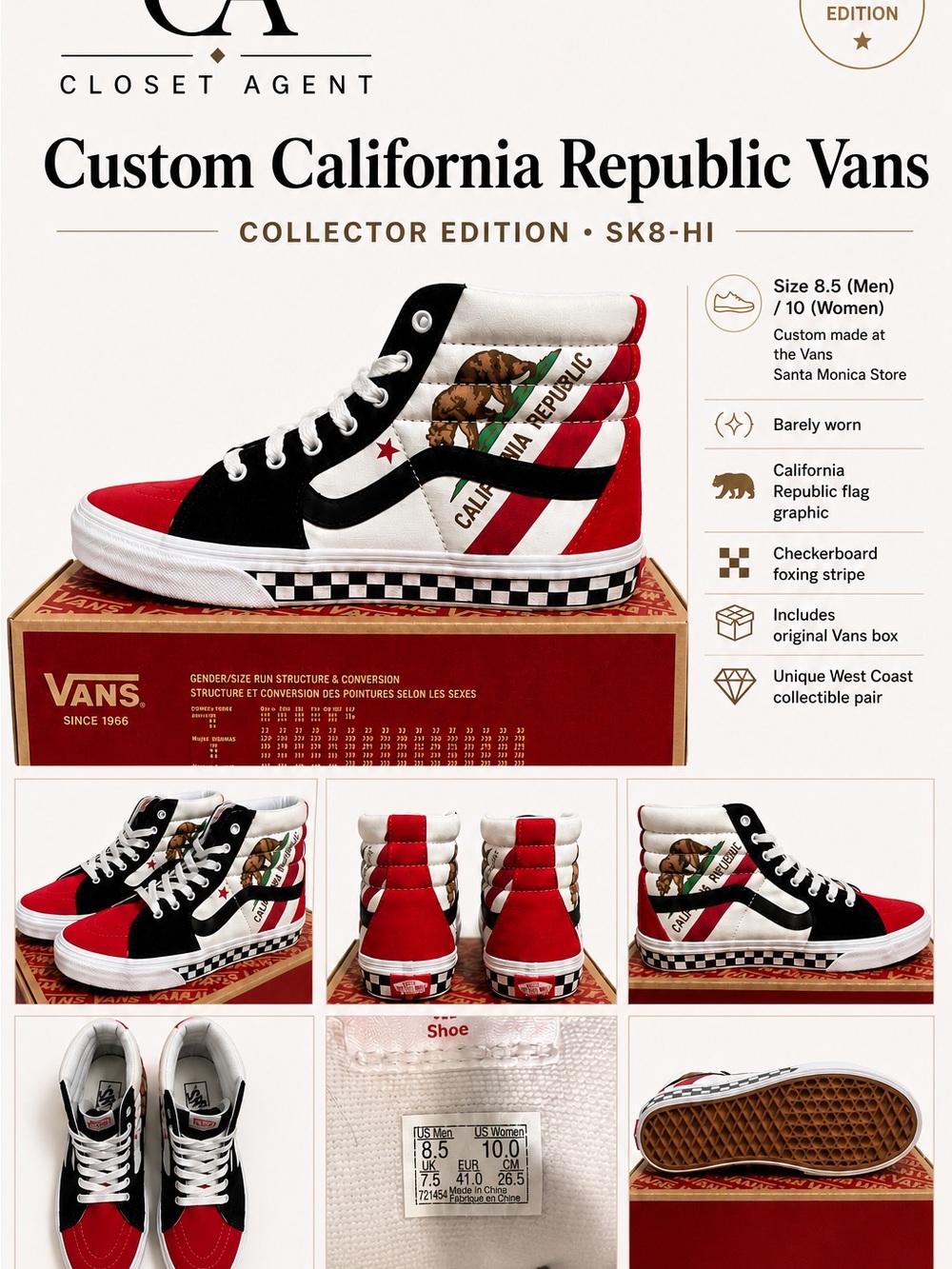 Vans Sk8-Hi California Republic High-Top Sneakers in Red Black White